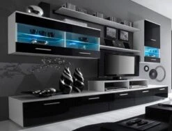 Meuble Salon Ilumin.LED Blanc/Noir Laqué